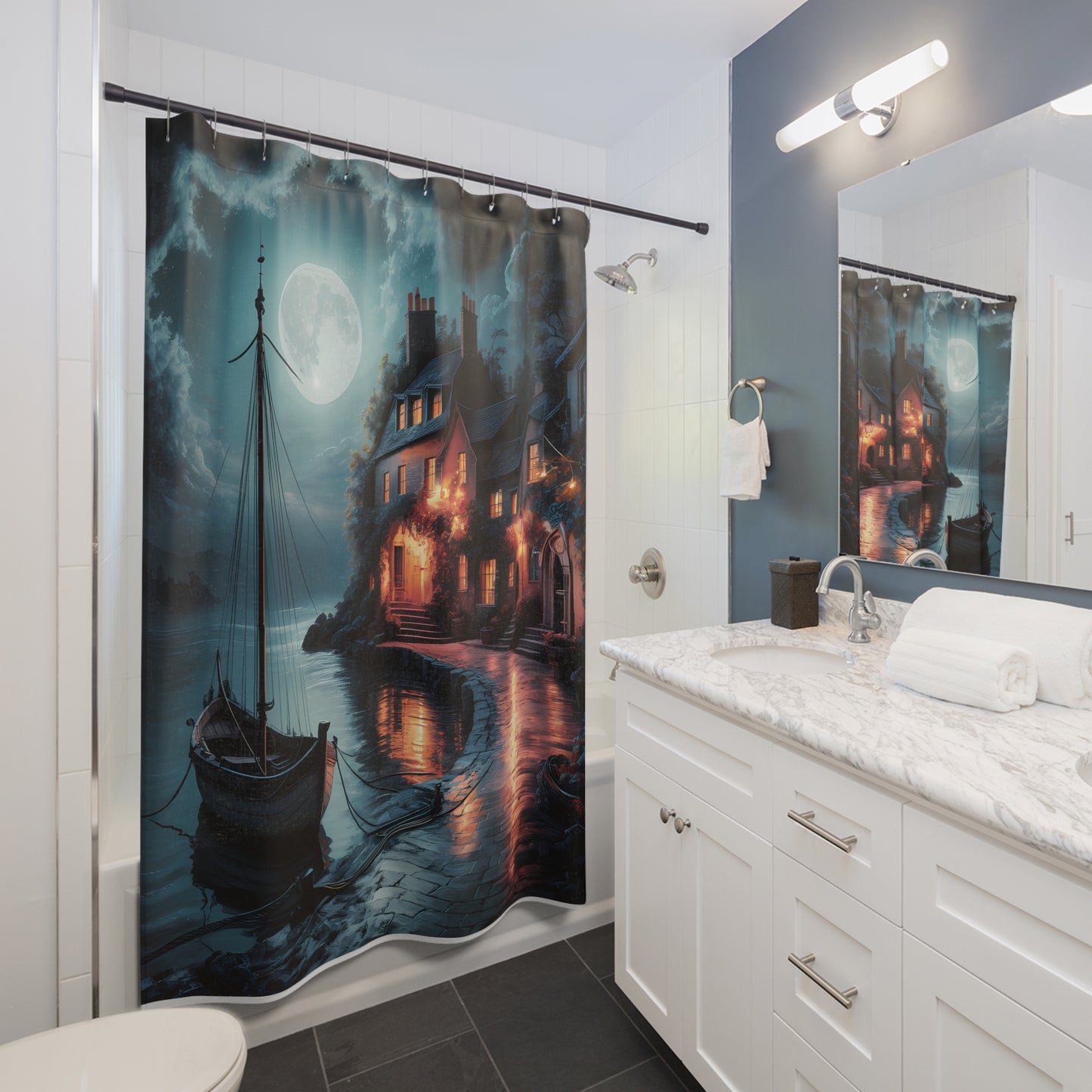 Riverfront Boat Moonlit 71 x 74" Twilight Shower Curtain