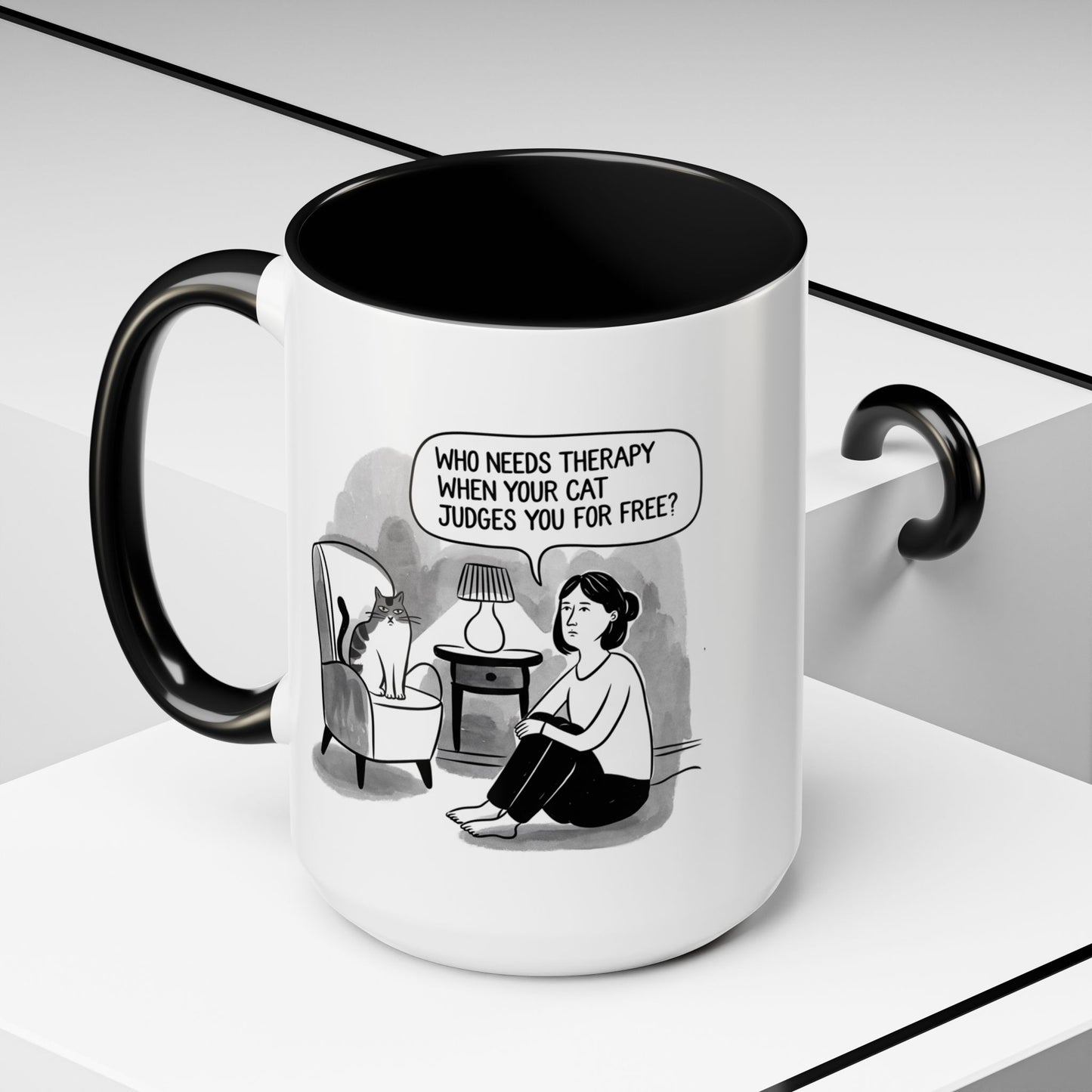 Cat Therapy Funny Coffee Mug (15oz), Cat Lover Gift