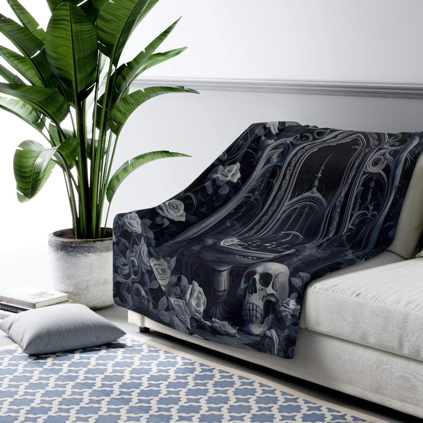 Gothic-Inspired Blanket 60" x 80": Intricate Black and White Blanket with Skulls & Roses