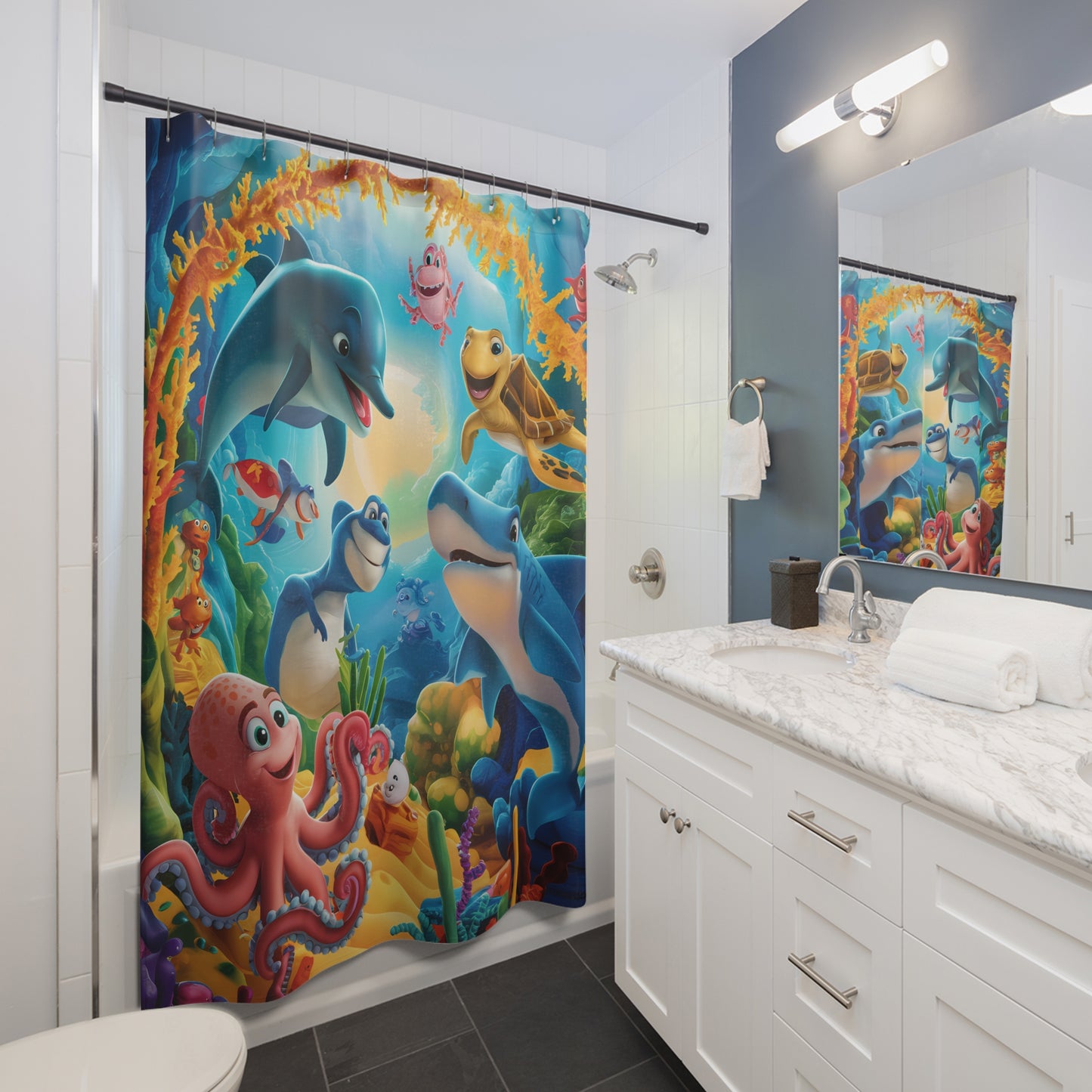 Kids Underwater Ocean Nautical Shower Curtain 71 x 74" Fish Shower Curtain
