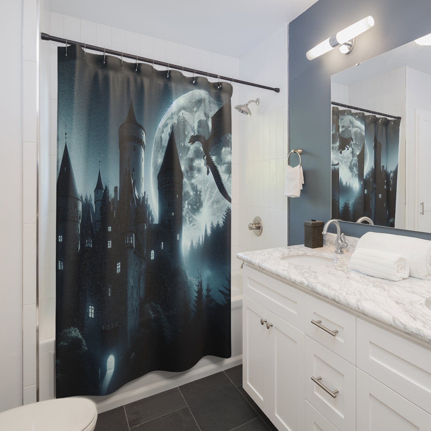 Moonlight Dragon and Castle Shower Curtains 71 x 74"