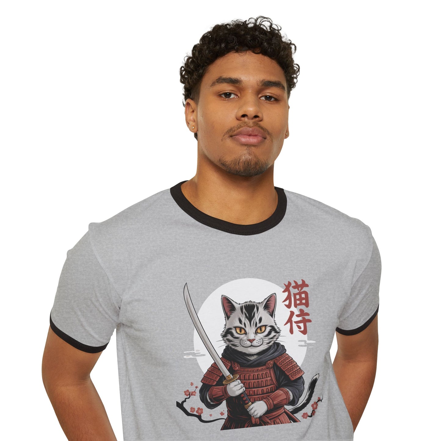 Samurai Cat Ringer T-Shirt for Cat Lovers