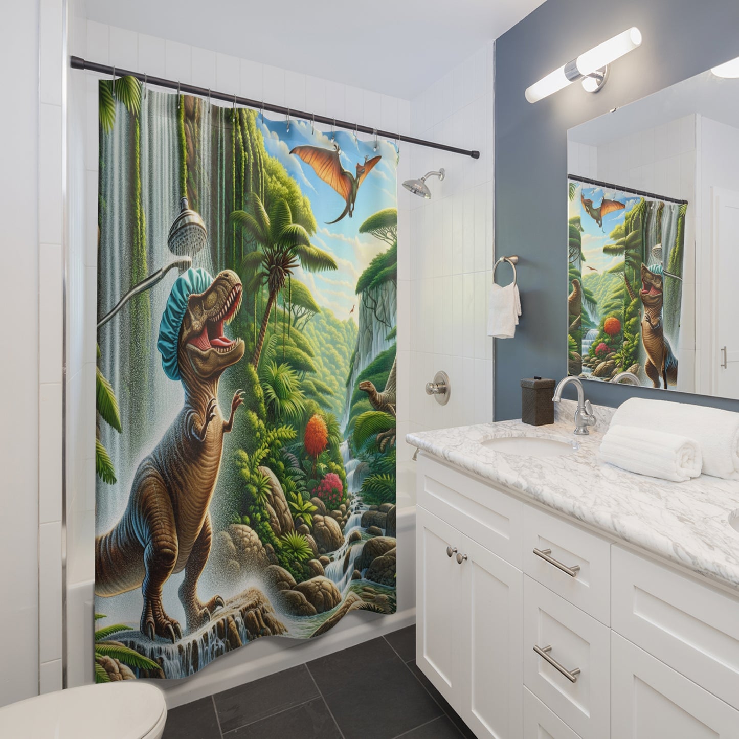 Kids Whimsical T-Rex Dinosaur Pterodactyl Polyester Shower Curtain 71 x 74"