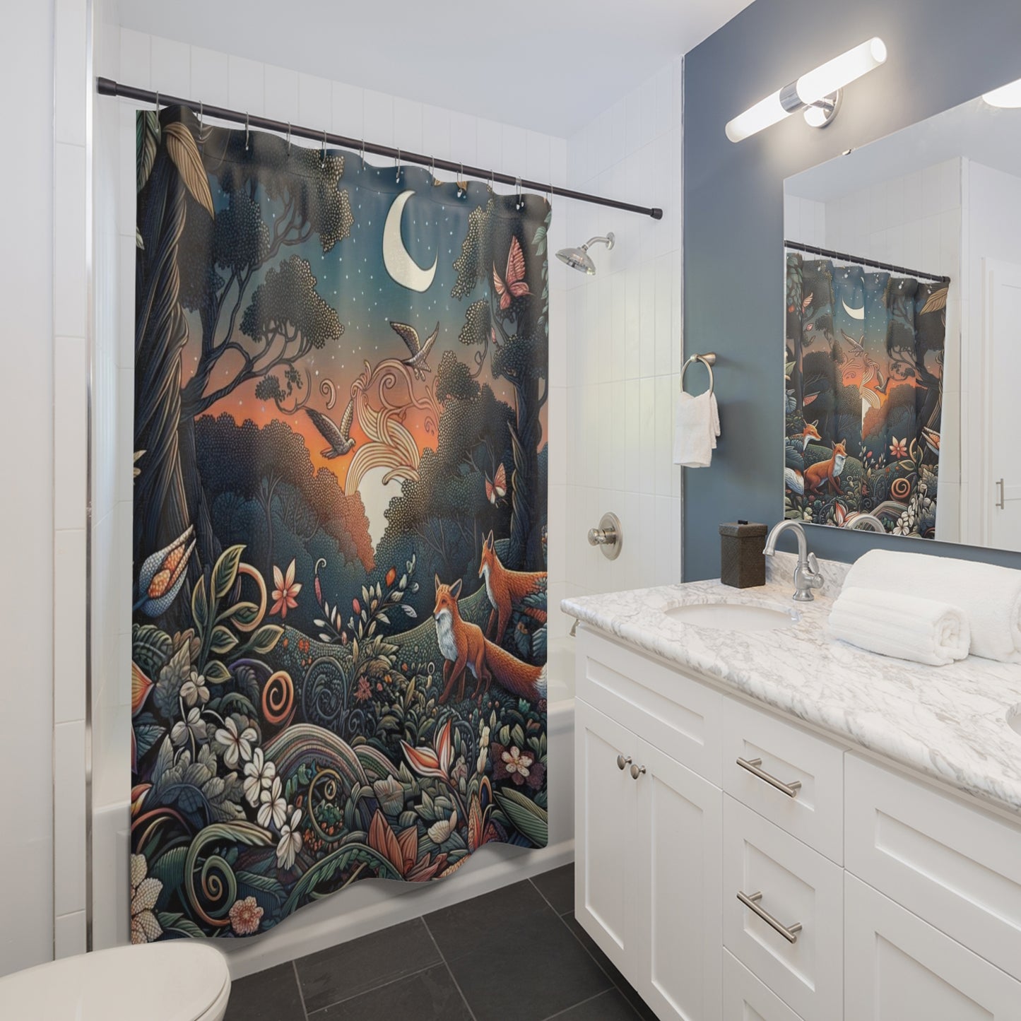 Whimsical Woodland Moonlight Scene Shower Curtain 71 x 74"