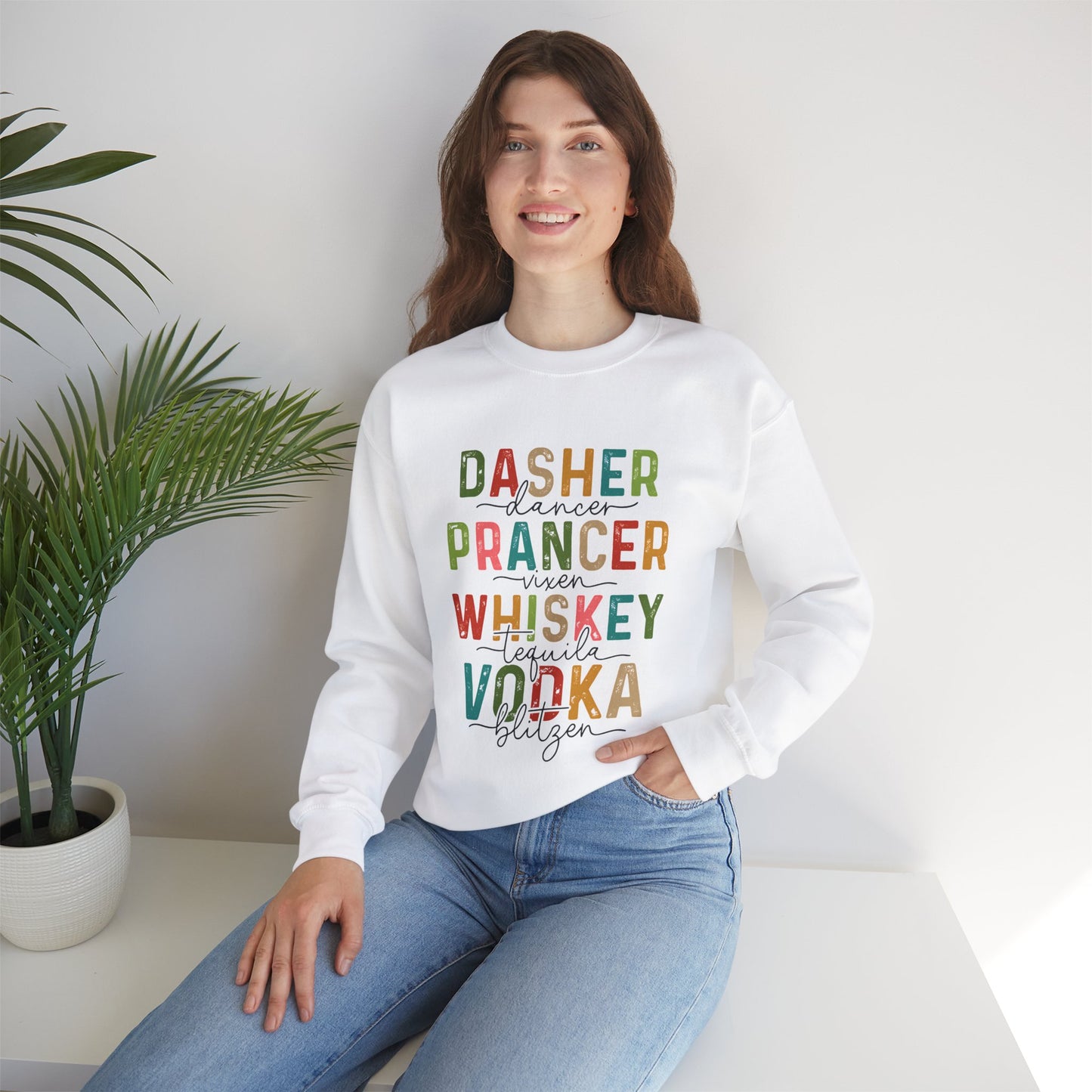 "Festive & Fun Christmas Unisex Crew Neck Sweatshirt β Dasher, Dancer, Whiskey, Tequila"