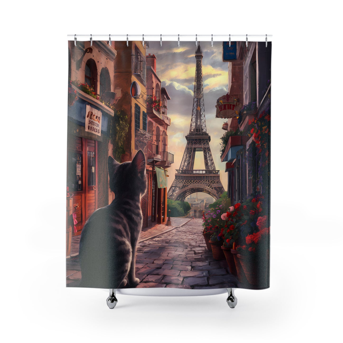 Cat Shower Curtain, Eiffel Tower Shower Curtain, Eiffel tower, Paris themed shower curtain, Cute cat bathroom decor, Cat lovers bathroom, French themed bathroom decor