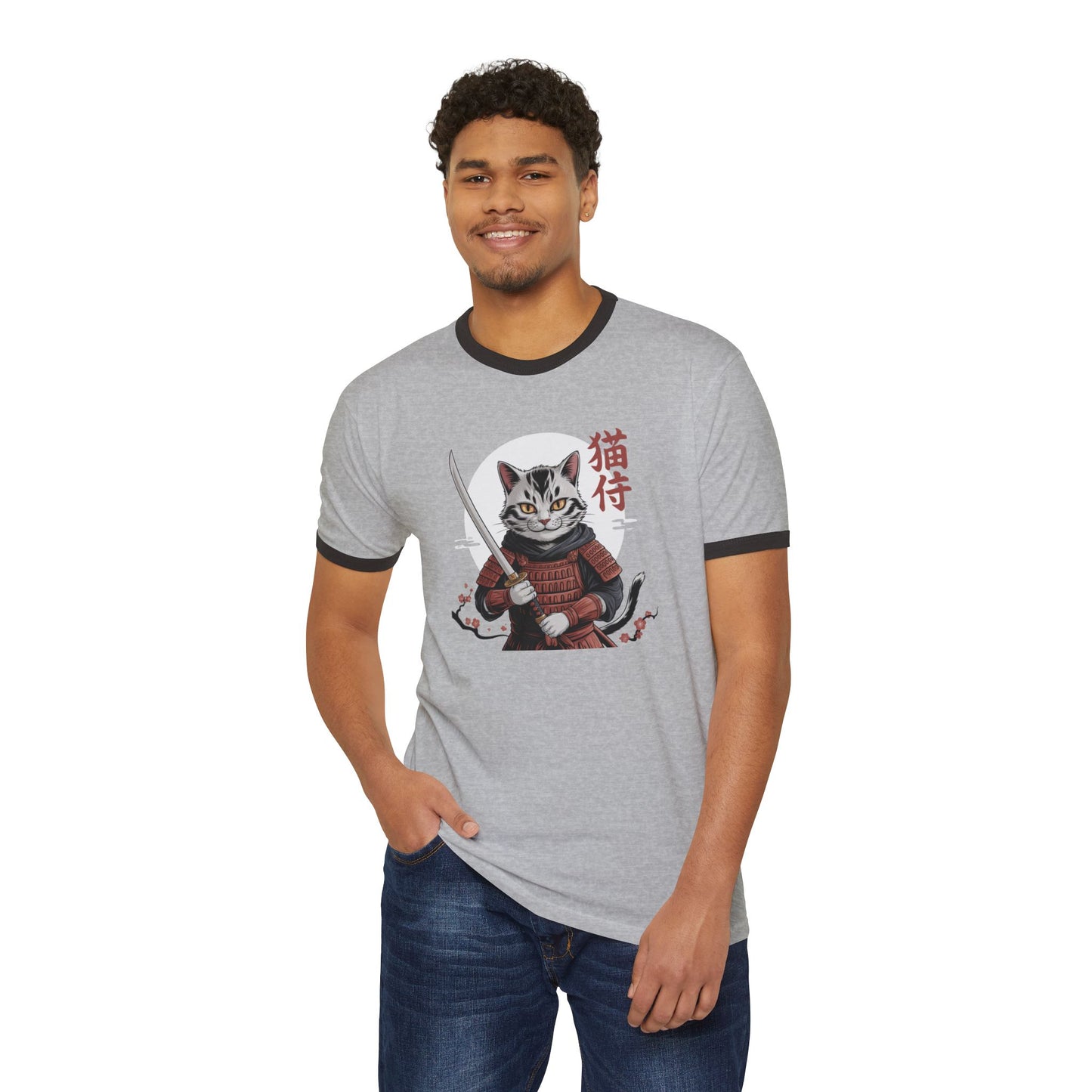 Samurai Cat Ringer T-Shirt for Cat Lovers
