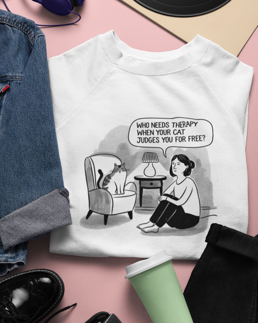 Free Therapy - Cat Edition, Crewneck Sweatshirt - Cat Lover Gift, Cat Mom, Crazy Cat Lady