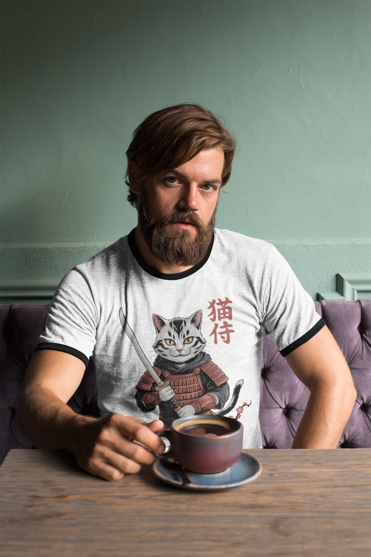 Samurai Cat Ringer T-Shirt for Cat Lovers