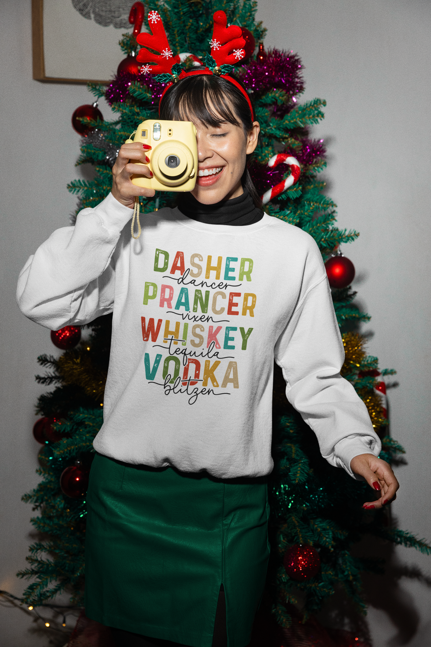 "Festive & Fun Christmas Unisex Crew Neck Sweatshirt β Dasher, Dancer, Whiskey, Tequila"