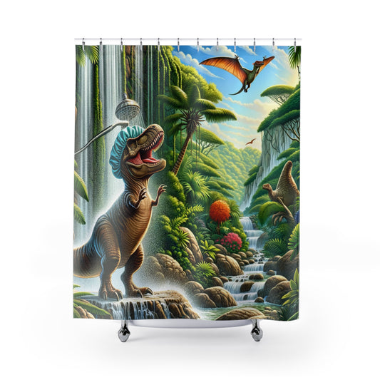 Kids Whimsical T-Rex Dinosaur Pterodactyl Polyester Shower Curtain 71 x 74"