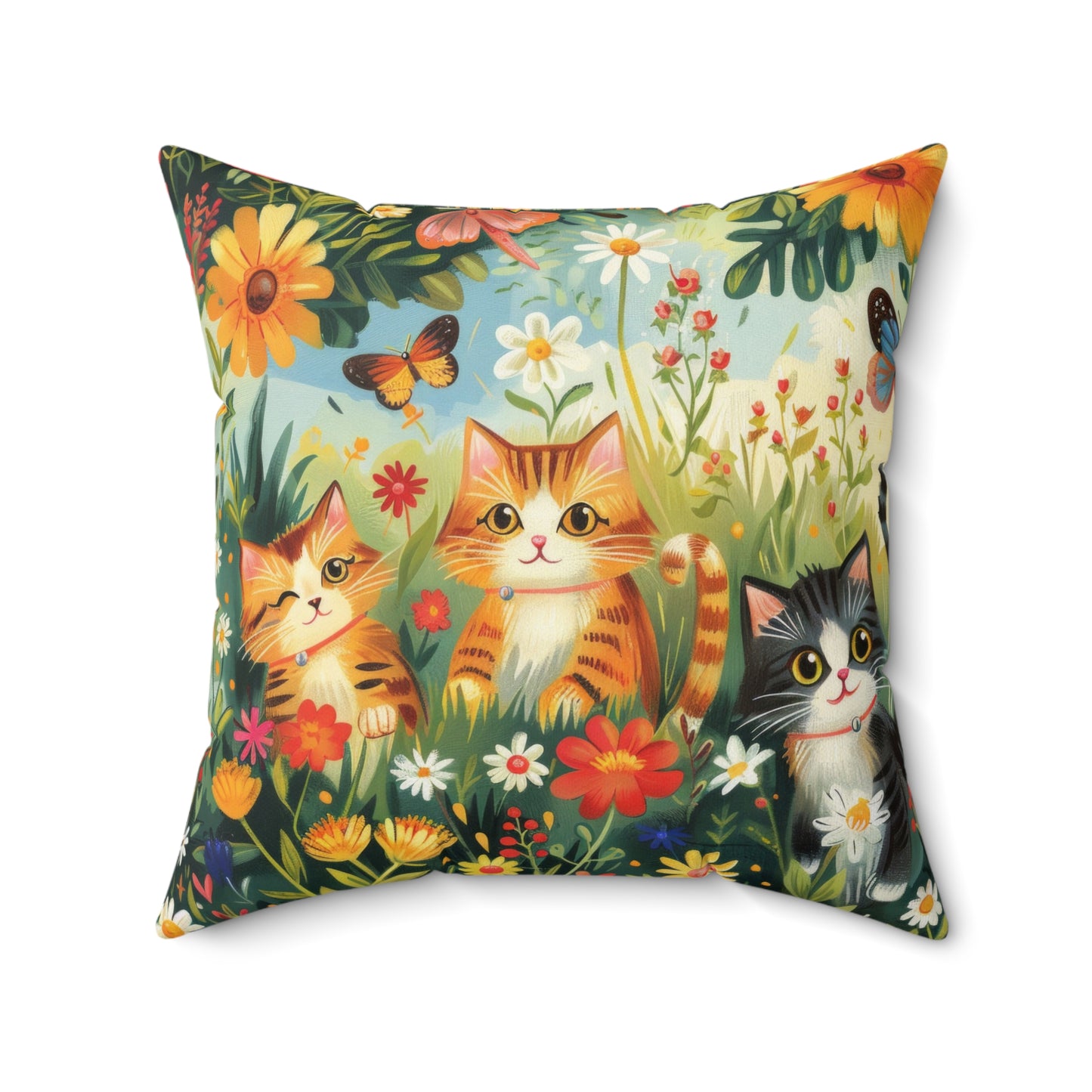 Snuggle Up with Adorable Cats & Blossoms! Spun Polyester Square Pillow 20 x 20"