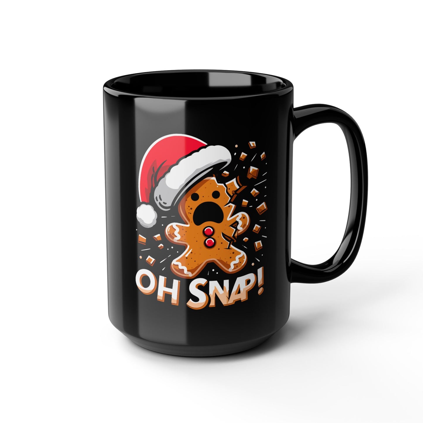 Oh Snap!" 15oz Black Mug – Funny Gingerbread Man Design for Holiday Cheer