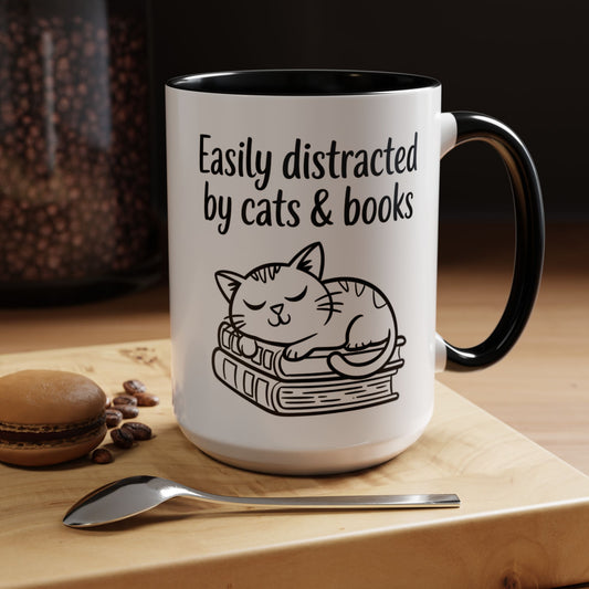 Easily Distracted By Cats And Books 15oz Coffee Mug, Book Lover Gift, Funny Cat Mug, Cat Lover Mug, Cat Lover Gift, Cats and Books