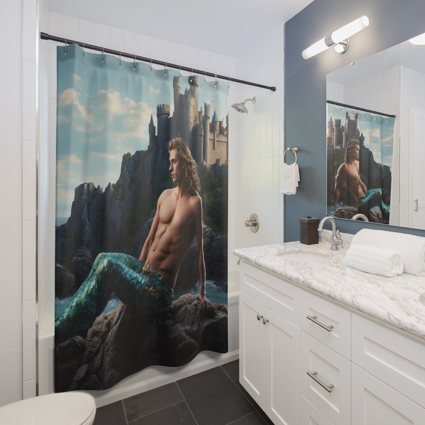 Sexy Merman Lazing by the Sea Shower Curtains 71 x 74"