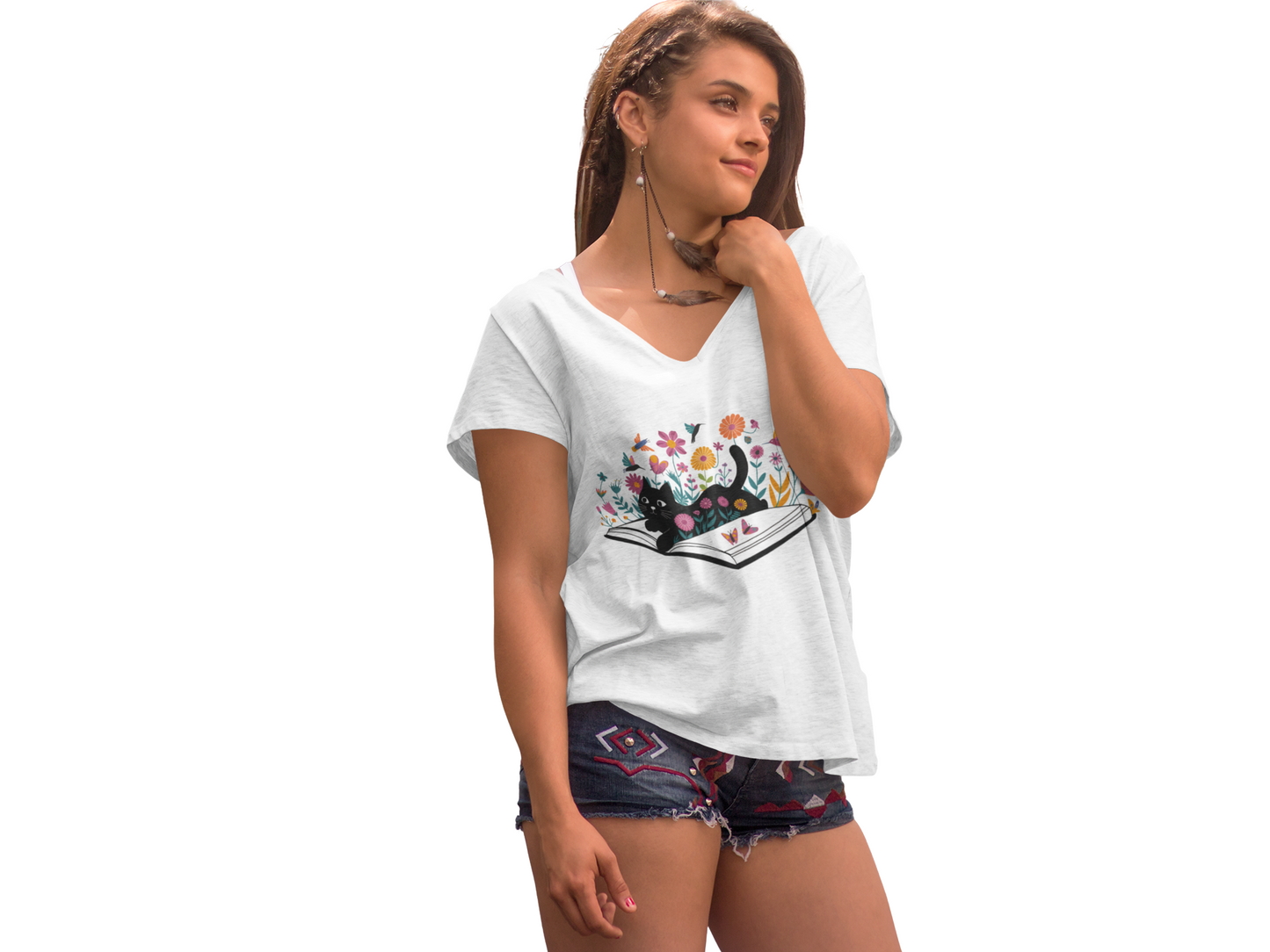 Floral Cat Shirt, Cat Lover T-shirt, Cat Book Shirt, Cat Lover Gift, Gift for Her, Cat Mom Shirt Gift, Cute Cat Shirts, Cute Book Cat Tshirt