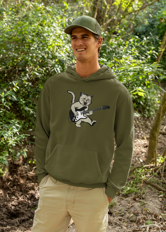 Rock Cat Playing Guitar Hoodie, Funny Guitar Cat Hoodie, Cat Lovers Gift for Her, Cat Mom Shirt, Cat Dad Shirt, Cool Cat Print, Cat Themed Gifts