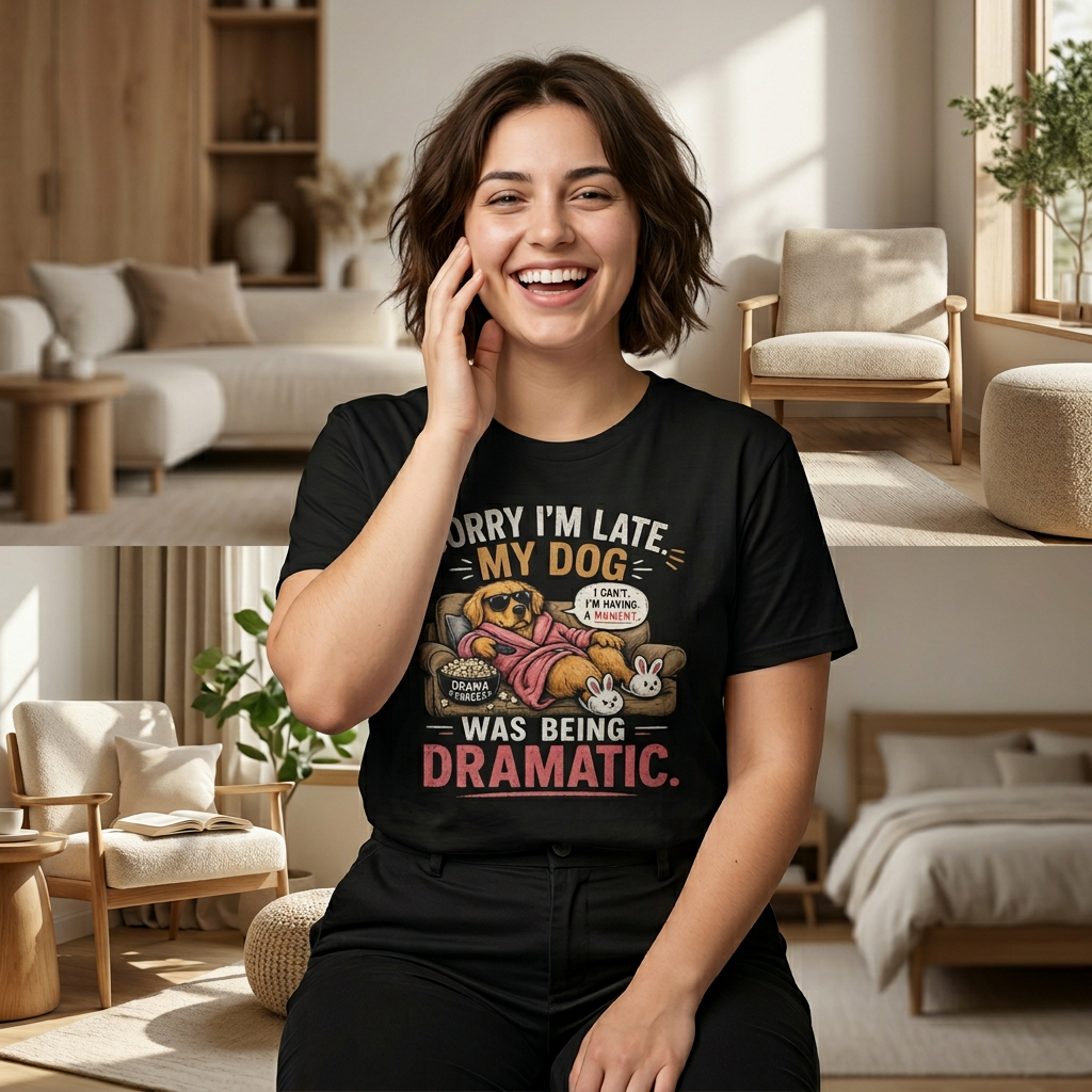 Dog Lover T-Shirt - "Sorry I'm Late My Dog Was Being Dramatic" Funny Pet Mom Tee