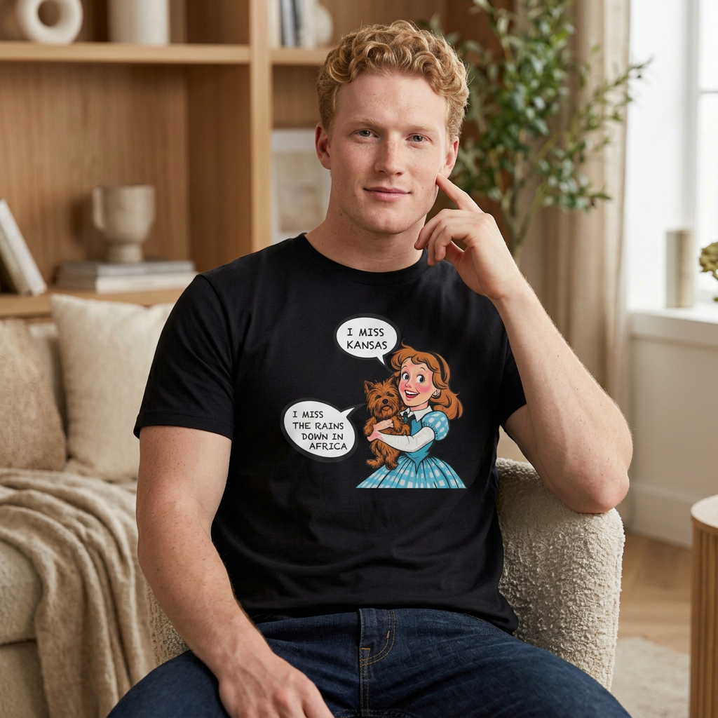Dorothy & Toto Graphic T‑Shirt — "I Miss Kansas / I Miss The Rains Down In Africa" Vintage Cartoon Tee