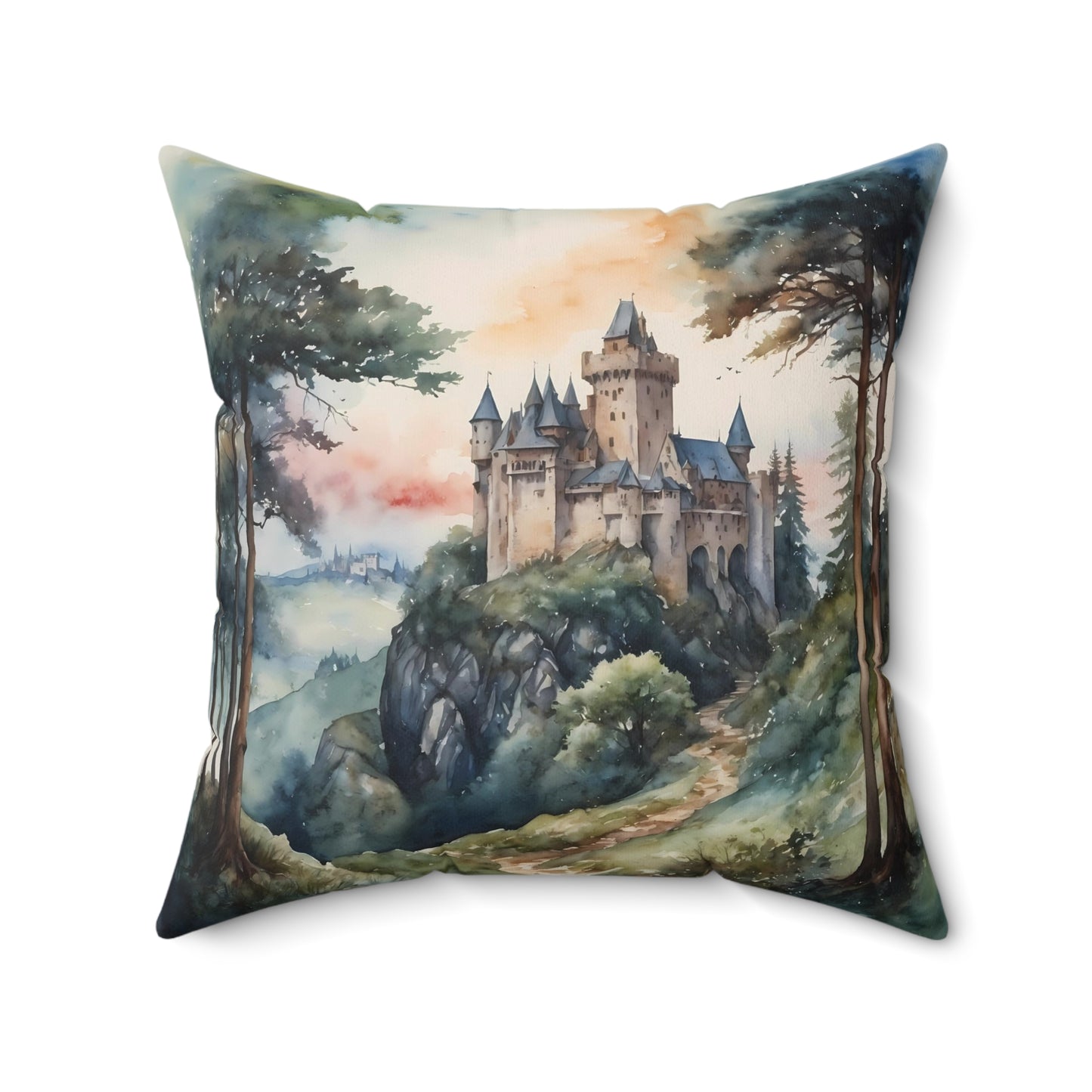 Medieval Castle in the Woods Spun Polyester Square Pillow 20 x 20"