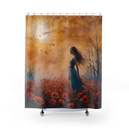 Serene Landscape Shower Curtain: Golden Sky, Vibrant Poppies & Contemplative Woman 71 x 74"