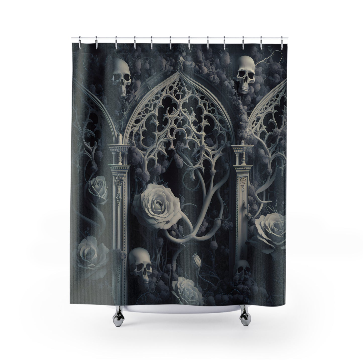 Gothic-Inspired Shower Curtain: Intricate Black and White Patterns with Skulls & Roses 71 x 74"