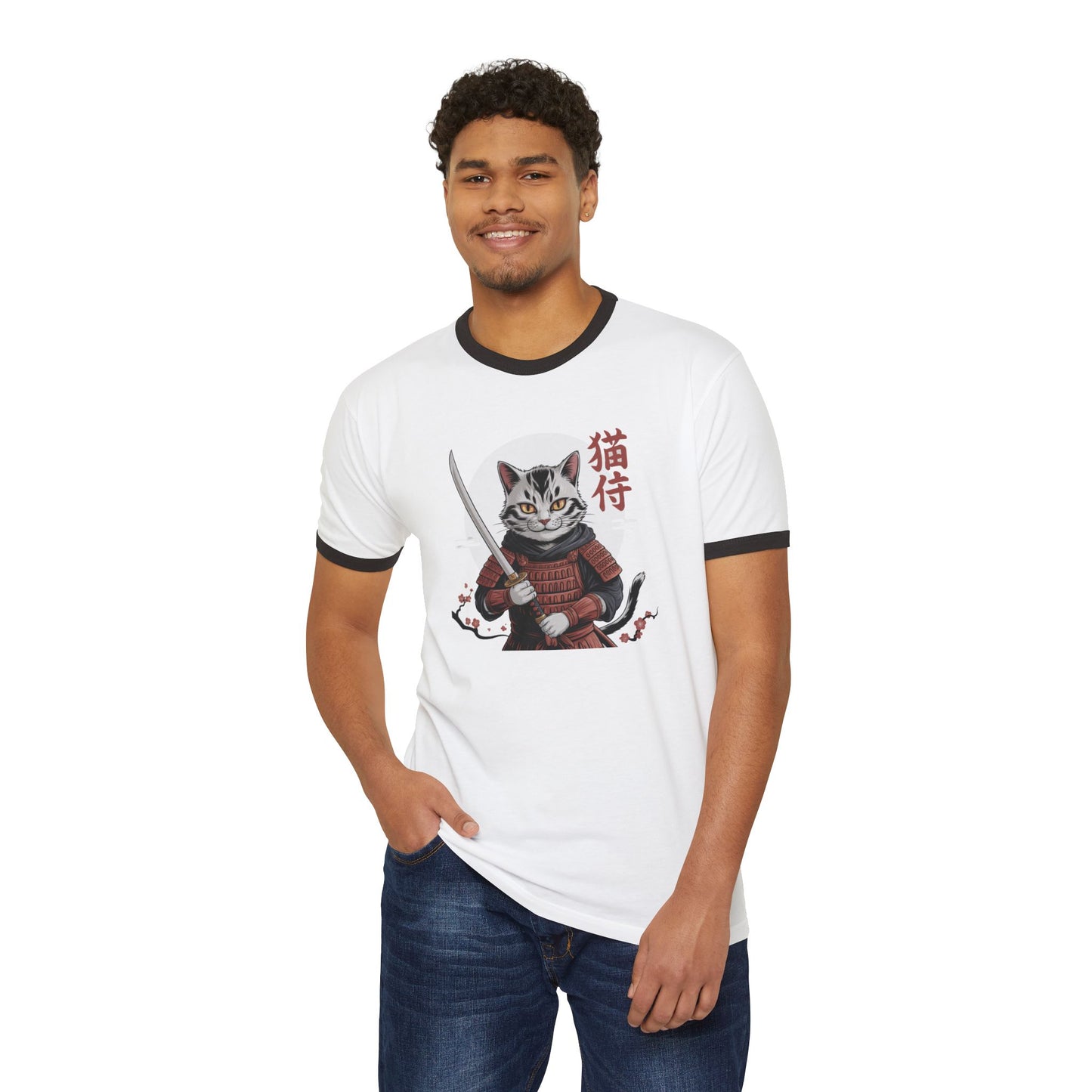 Samurai Cat Ringer T-Shirt for Cat Lovers