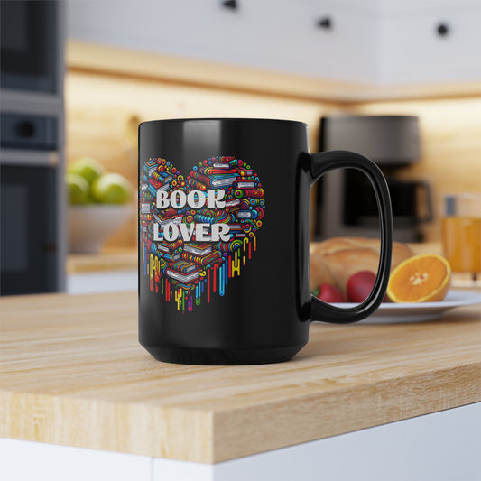 Book Lover Heart Black Mug, 11 oz or 15oz