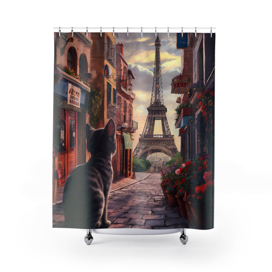 Cat Shower Curtain, Eiffel Tower Shower Curtain, Eiffel tower, Paris themed shower curtain, Cute cat bathroom decor,  Cat lovers bathroom, French themed bathroom decor