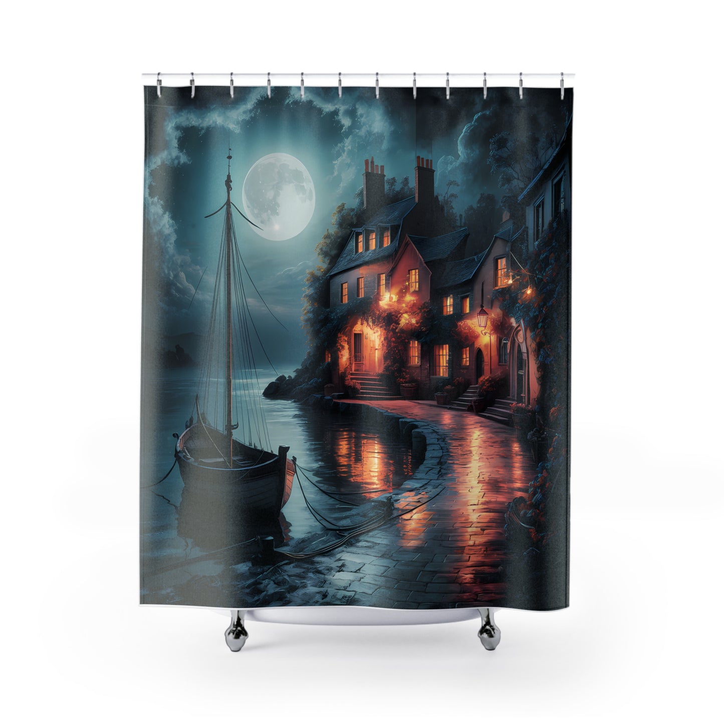 Riverfront Boat Moonlit  71 x 74" Twilight Shower Curtain