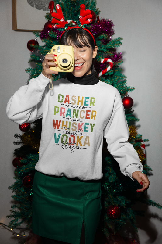 "Festive & Fun Christmas Unisex Crew Neck Sweatshirt – Dasher, Dancer, Whiskey, Tequila"